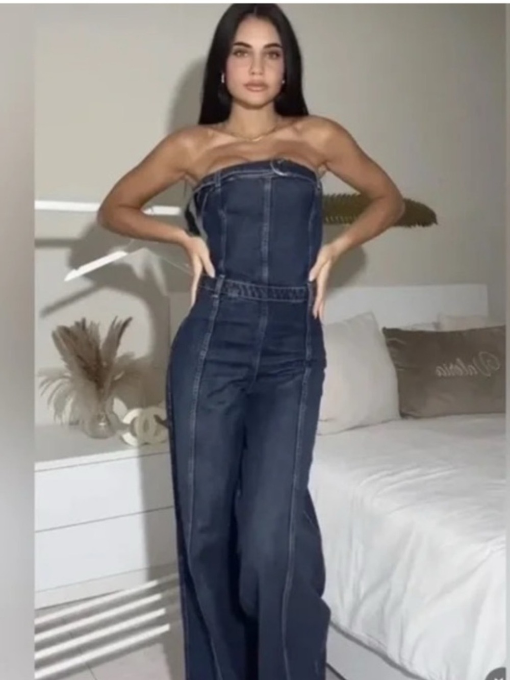 Zara Dark Indigo Strapless Denim Jumpsuit